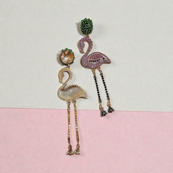 Rhinestone Pink Flamingo Dangle Drop Statement Stud Post Earrings NEW - Picture 4 of 5